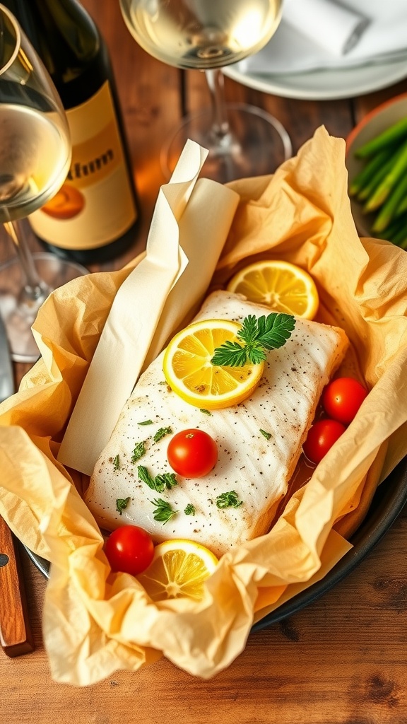 Mahi Mahi fillets baked in parchment paper with citrus and herbs, served with vegetables and wine.